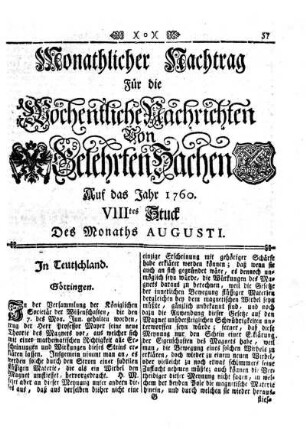 Monathlicher Nachtrag [...] VIIItes Stuck Des Monaths Augusti