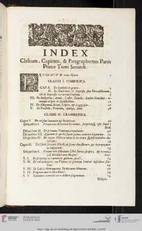 Index classium, capitum & paragraphorum partis primae tomi secundi
