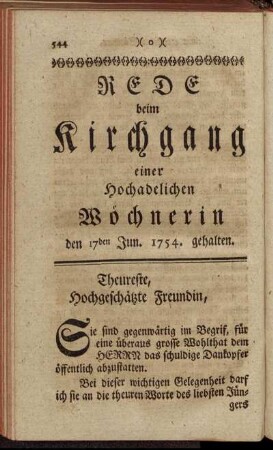 Rede beim Kirchgang einer Hochadelichen Wöchnerin den 17den Jun. 1754. gehalten.