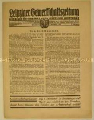Mitteilungsblatt "Leipziger Gewerkschaftszeitung" u.a. zur Reichstagswahl