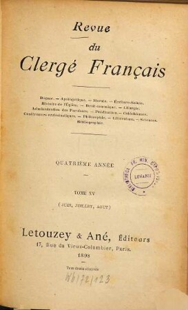 Revue du clergé français. 15. 1898 = Année 4
