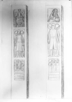 Zwei Stelenentwürfe : Hamburger Ehrenmal. Zwei Stelenentwürfe. Kohlezeichnung; 660 x 475 mm (1930; E. Barlach). Ernst Barlach Stiftung Güstrow I, 4