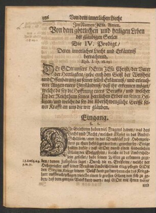 Von dem göttlichen und heiligen Leben der gläubigen Seelen Die IV. Predigt/ Deren innerliches Liecht und Erkäntniß betrachtend. Eph. I. 17. 18. 19: