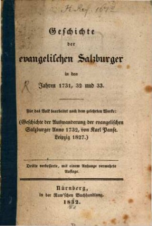 Geschichte der evangelischen Salzburger in den Jahren 1731, 32 und 33