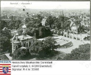 Darmstadt, Panorama von Mathildenhöhe aus / Blick auf russische Kapelle u.a.