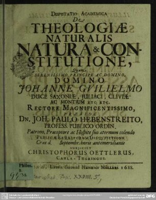 Disputatio Academica De Theologiae Naturalis Natura & Constitutione