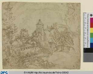 Landschaft mit Burg am Fluss