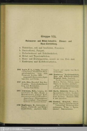 Gruppe VII. Holzwaren- und Möbel-Industrie. Zimmer- und Haus-Einrichtung