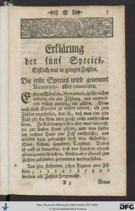 Erklärung der fünf Species, erstlich nur in ganzen Zahlen.