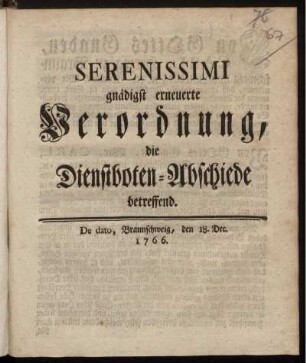 Serenissimi gnädigst erneuerte Verordnung, die Dienstboten-Abschiede betreffend.