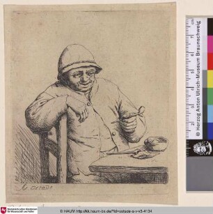 [Der lächelnde Raucher; Smoker leaning on the back of a chair; Le fumeur riant]