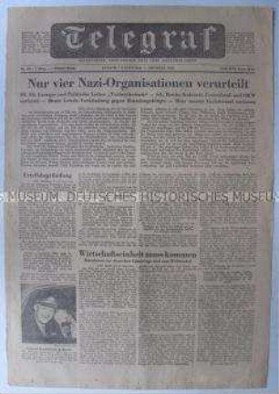 Titelblatt der (West)-Berliner Tageszeitung "Telegraf" zur Verurteilung von vier NS-Organisationen auf dem Nürnberger Prozess