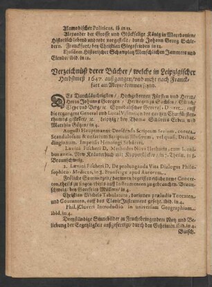 Verzeichnüß derer Bücher/ welche in Leipzigischer Herbstmeß 1647. außgangen/ und nicht nach Franckfurt am Meyn/ kommen seynd.