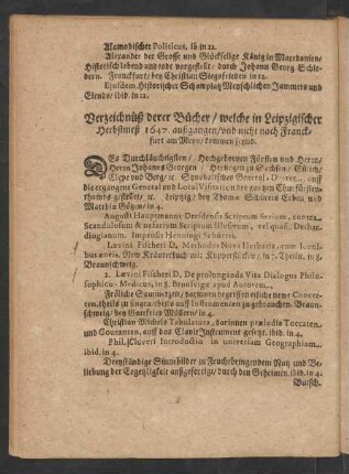 Verzeichnüß derer Bücher/ welche in Leipzigischer Herbstmeß 1647. außgangen/ und nicht nach Franckfurt am Meyn/ kommen seynd.