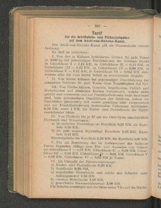 Tarif für die Schiffahrts- und Flößereiabgaben auf dem Adolf-von-Hahnke-Kanal.