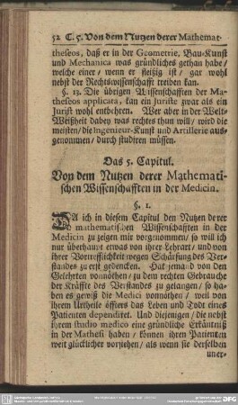 Das 5. Capitul. Von dem Nutzen derer Mathematischen Wissenschafften in der Medicin