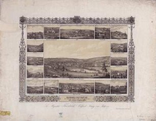 Ansicht von Bad Elster und Umgebung mit 16 Detailansichten, zweifarb. Lithogr., um 1850 : Mineral Bad Elster im königl. sächsischen Voigtlande : mit seinen Umgebungen / nach Photographieen v. B. Wehnert-Beckmann in Leipzig lith. v. L. Blau. - Adorf ; Bad Elster : F. A. Schmidt ; Leipzig : L. Blau , [um 1850]. - 17 Ansichten auf 1 Kunstbl. : zweifarb. Lithogr. ; Gesamtgr. 45 x 31 cm