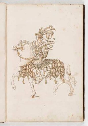 Reiterin mit Federkrone und Standarte, in: Equestrium statuarum [...] formae [...] artificiosissime pictis, Bl. 8