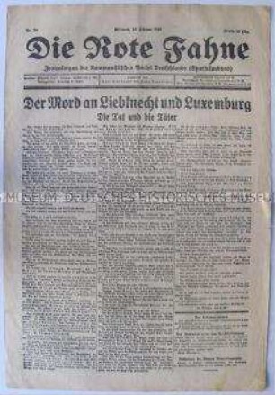 Kommunistische Tageszeitung "Die Rote Fahne" mit einer Analyse der Hintergründe der Morde an Liebknecht und Luxemburg