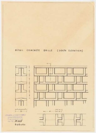 New Central National Bank of Iraq, Bagdad: Detail Concrete Grille (South elevation) 1:10, Variante Ansicht, Detail, 2 Schnitte Detail