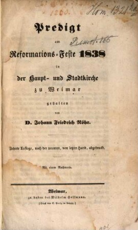 Predigt am Reformations-Fest 1838 in der Haupt- und Stadtkirche zu Weimar