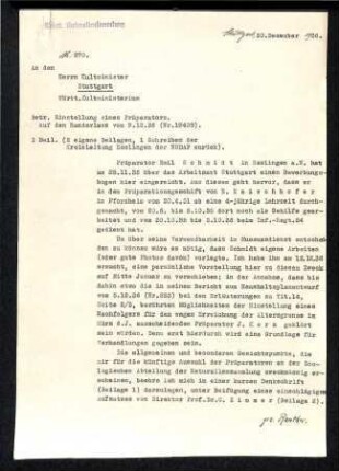 Einstellung eines Präparators auf den Randerlass vom 9.12.1936 (Nr. 19408)