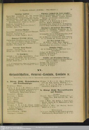 XV. Gesandtschaften, General-Consuln, Consuln etc.