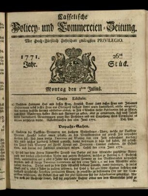 26tes Stueck, Montag den 1ten Julius 1771