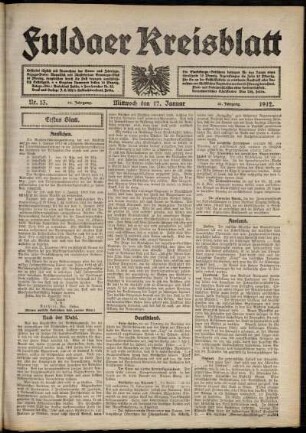Erste Ausgabe vom Mittwoch, den 17. Januar 1912.