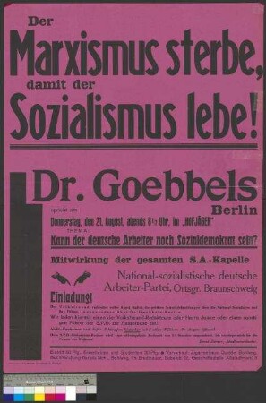 Plakat der NSDAP zu einer Wahlkundgebung am 21. August 1930 in Braunschweig