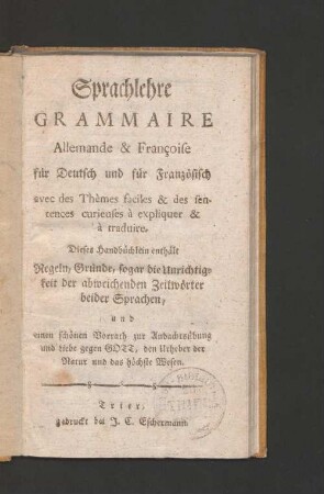 Sprachlehre, Grammaire, allemande & francoise, für Deutsch und für Französisch ...
