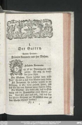 I. Der Garten. Redende Personen: Fräulein Antonette und ihre Muhme.