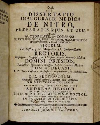 Dissertatio Inauguralis Medica De Nitro : Præparatis Ejus, Et Usu