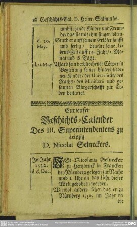 Curieuser Geschichts-Calender Des III. Superintendentens zu Leipzig D. Nicolai Selneckers
