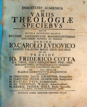 Diss. acad. de variis theologiae speciebus ..., [Pars prima]