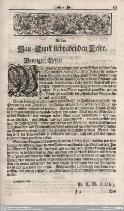 An den Bau-Kunst liebhabenden Leser.