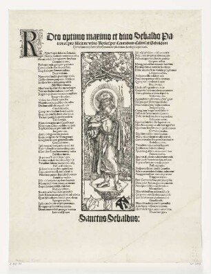 Heiliger Sebaldus auf der Säule (Flugblatt mit der Ode des Conrad Celtis an den heiligen Sebaldus)