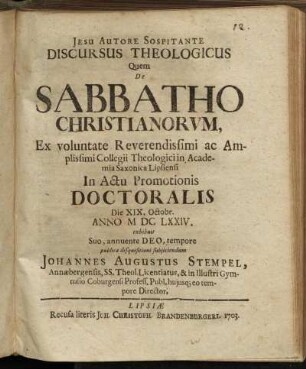 Discursus Theologicus Quem De Sabbatho Christianorvm