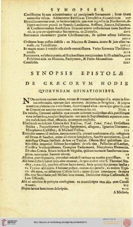 Synopsis epistolae de graecorvm hodie qvorvndam opinationibvs