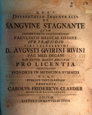 Diss. inaug. de sanguine stagnante