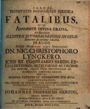 Disputatio Inauguralis Iuridica De Fatalibus