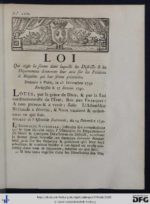 Loi, qui règle la forme dans laquelle les Districts & les Départemens donneront leur avis sur les Pétitions & Requêtes qui leur seront présentées.
