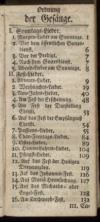 Ordnung der Gesänge.