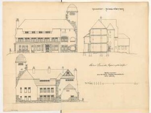 Pension am Meer Monatskonkurrenz Februar 1906: Aufriss Ansicht vom Meer, Ansicht vom Land, Querschnitt 1:100; Maßstabsleiste
