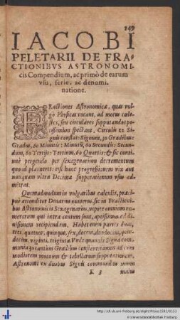 Iacobi Peletarii de Fractionibus Astronomicis Compendium