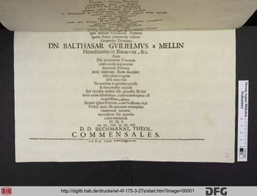 Manibvs Generosi Domini Dn. Balthasaris Gvilielmi a Mellin Hereditarii in Batzevitz, &c. Dicatvm