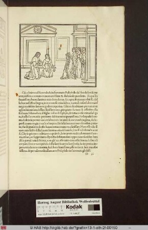 [Polia und Poliphilo knien vor der Königin der Nymphen nieder]