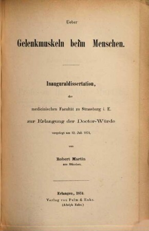 Über Gelenkmuskeln beim Menschen : Inaug. Diss. d. Univ. Strassburg