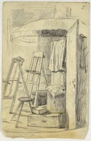 Skizze einer Raumecke im Atelier (in Wien?) mit Baldachin, Staffeleien und weiteren Utensilien