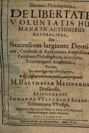 Themata Philosophica, De Libertate Voluntatis Humanae In Actionibus Naturalibus